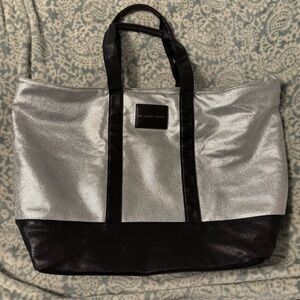 Victoria's Secret Metallic Silver Tote with Black Accents and Silver Ipsy wallet